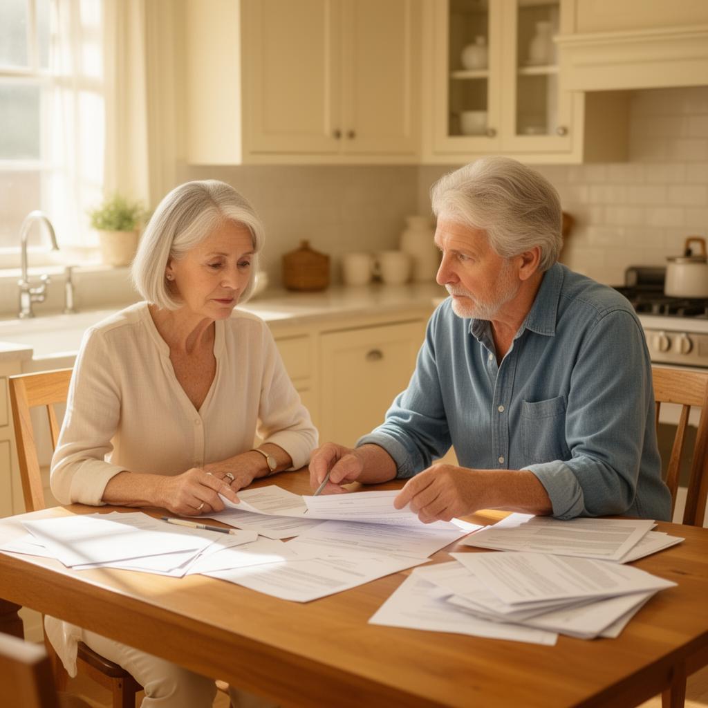 A couple reviewing financial paperwork at their kitchen table