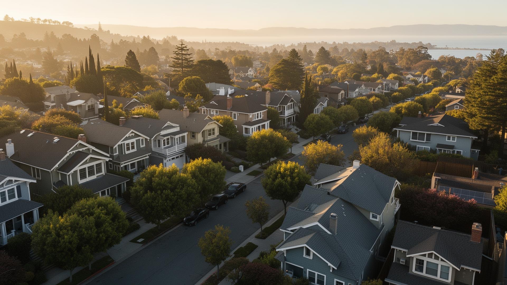 Aerial view of a Bay Area neighborhood at sunrise